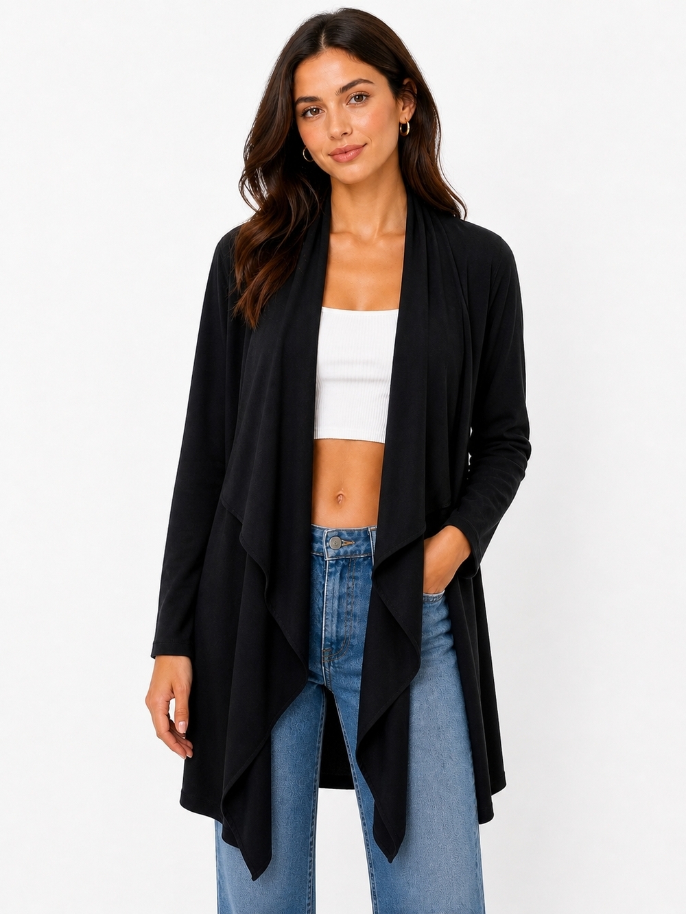 Black Open-Front Draped Cardigan for Women